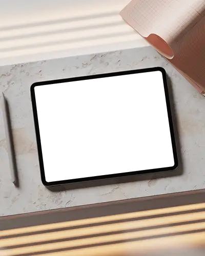 Ipad Pro Mockup On Marble Desk Top View With Pencil And Open Graph Notebook Under Warm Light