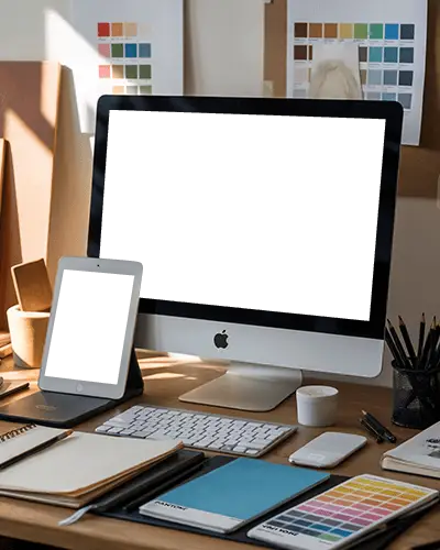 Creative Desk Ipad Air And Imac Mockup With Color Palettes And Design Tools In Natural Light