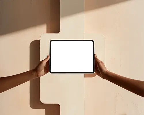 Premium Ipad Air Mockup Held By Two Hands With Geometric Wall Backdrop