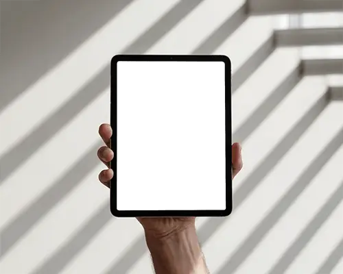 Portrait Ipad Air Mockup Held In One Hand With Crisp Natural Sunlight Pattern