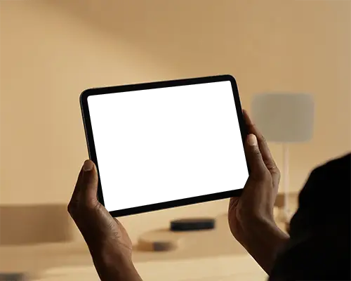 Ipad Air Mockup Hands Holding Tablet In Minimal Softly Lit Modern Workspace