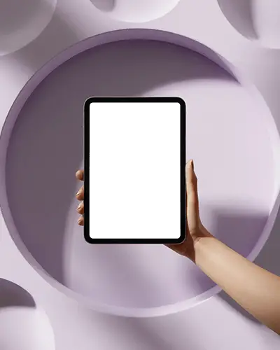 Ipad Mini Mockup Hand Holding Tablet Against Light Purple Sculptural Background