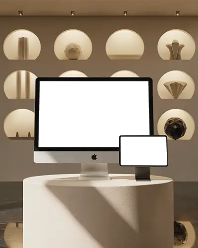 Premium Duo Device Mockup Ipad Air And Imac Display In Art Gallery Style Setting