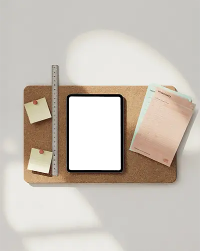 Ipad Mini Overhead Mockup On Textured Board With Organized Schedule And Sticky Notes
