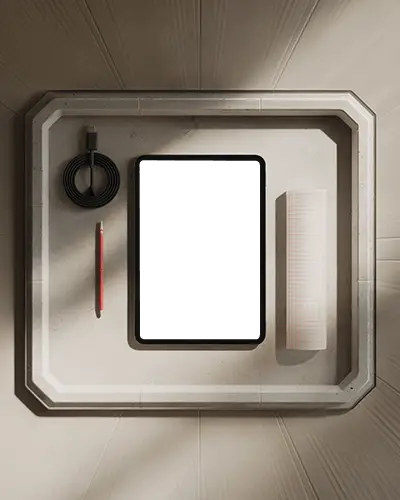 Ipad Pro Flatlay Mockup On Octagonal Tray Surrounded By Cable Pencil And Draft Paper