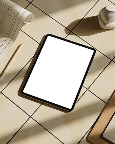 Top View Ipad Air Mockup On Ceramic Tile Surface With Pencil Scroll And Desk Items