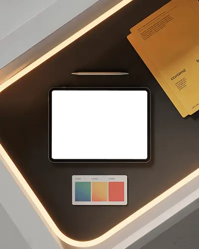 Ipad Mini Flatlay Mockup On Black Surface With Warm Led Light And Design Swatches