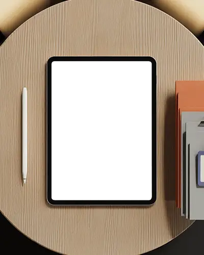 Aesthetic Ipad Pro Desk Mockup Showing Productivity Setup On Natural Wood Surface