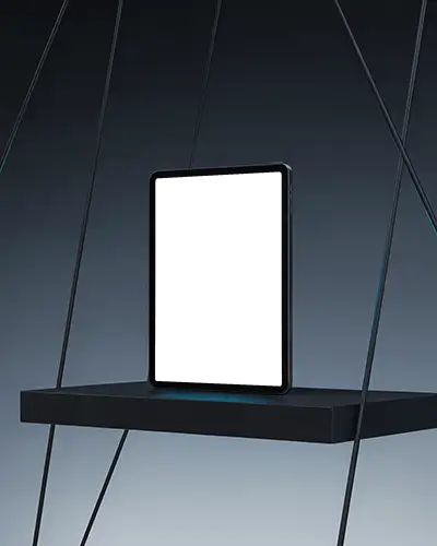 Futuristic Ipad Mini Mockup Standing On Floating Black Platform With Suspension Cables