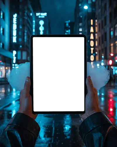 Cinematic Ipad Pro Mockup In Moody City Nightscape With Blue And Red Light Reflections