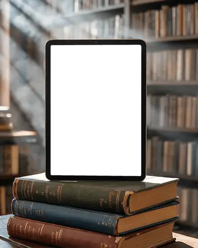 Vintage Library Ipad Air Mockup Standing On Stack Of Classic Books With Sunrays