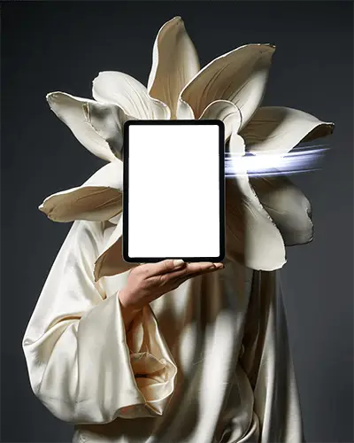 Surreal Flower Head Ipad Mini Mockup Hand Holding Device Against Dark Dramatic Backdrop