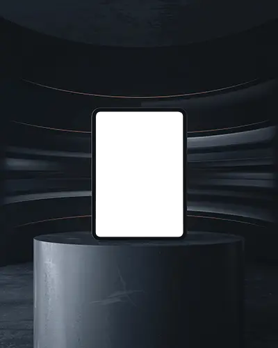 Tech Showcase Ipad Pro Mockup On Black Cylinder In Sci Fi Studio With Metallic Curves