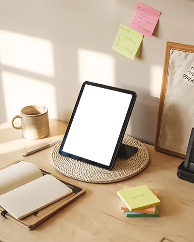Peaceful Study Desk Ipad Mini Mockup Resting On Mat With Sun Glow And Note Stacks
