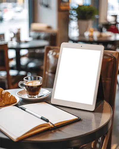 Cafe Tablet Ipad Air Mockup On Metal Table With Coffee Croissant And Open Notebook