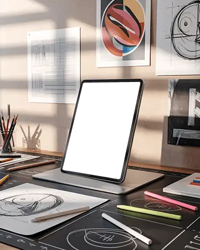 Artistic Desk Ipad Pro Mockup On Stand Amid Sketches Drawings And Colored Pencil Tools
