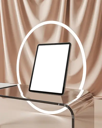 Luxury Interior Ipad Air Mockup On Glass Surface Against Shimmering Satin Curtain Scene