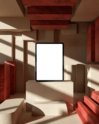 Brutalist Ipad Pro Mockup On Pedestal With Geometric Shadows And Red Concrete Structures