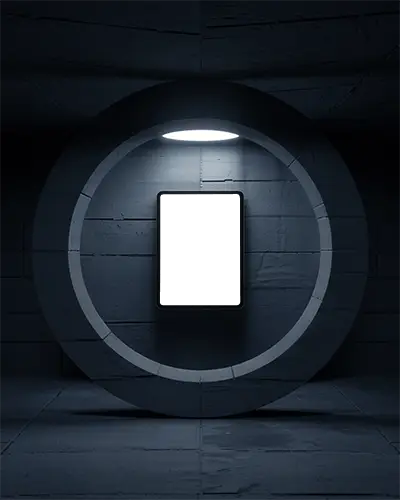 Sci Fi Display Ipad Air Mockup Centered In Concrete Ring With Soft Overhead Spotlight