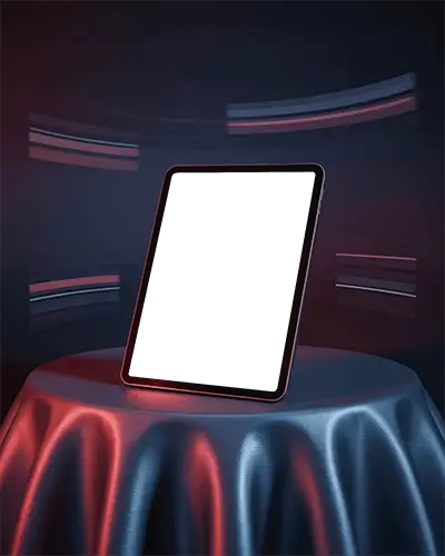 Ipad Air Mockup On Glossy Satin Pedestal With Red And Blue Neon Glow And Motion Lights