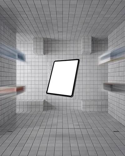 Floating Ipad Pro Mockup In All Tile Room With Color Streaks And Geometric Perspective