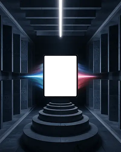 Glowing Hallway Ipad Pro Mockup Suspended In Center With Symmetrical Light Streaks