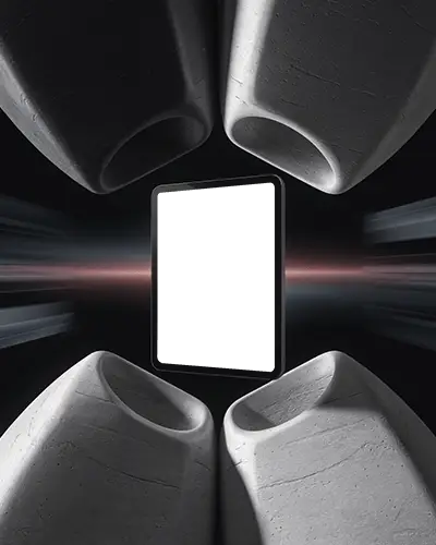 Futuristic Ipad Air Mockup In Dark Space With Curved Stone Blocks And Glowing Motion Line