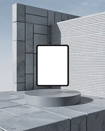 Architectural Ipad Pro Mockup On Circular Platform In Minimal Sunny Stone Structure