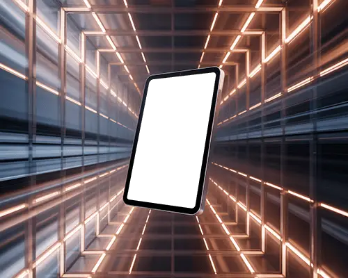 Ipad Air Front Mockup Floating At Angle In Surreal Tunnel Of Light Strips And Motion Energy