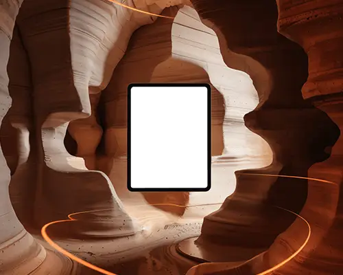 Front Facing Ipad Pro Mockup Floating In Sculpted Canyon Wall With Glowing Light Trails