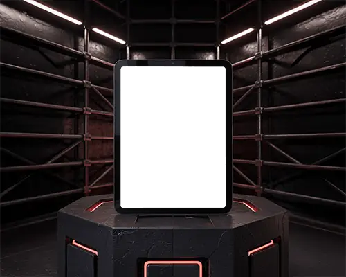 Futuristic Ipad Air Mockup Centered On Hex Podium Stand With Industrial Frame Lighting