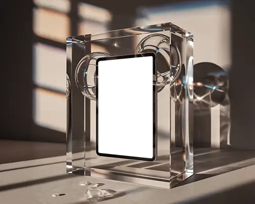 Ipad Pro Mockup Floating In Transparent Acrylic Cube With Bubble Orbs And Soft Shadow Light