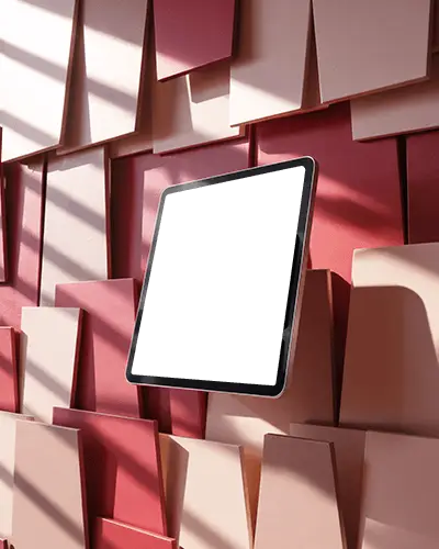 Ipad Air Mockup Floating Against Staggered Pink Panels With Soft Sunlight And Shadow Depth