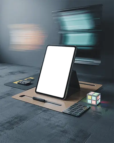 Ipad Mini Mockup On Foldable Case Stand Amidst Colorful Motion Blur In Conceptual Tech Space