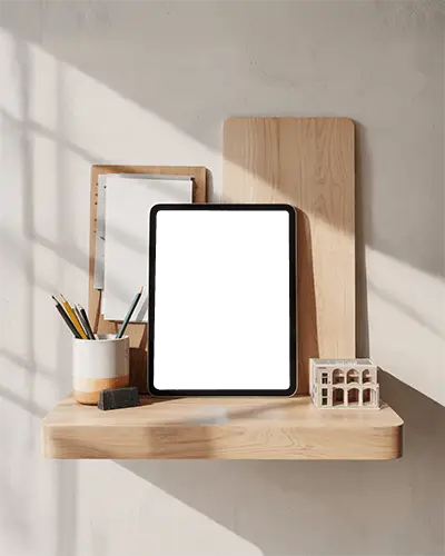 Ipad Mini Mockup On Wooden Shelf With Architecture Models Stationery And Warm Window Light