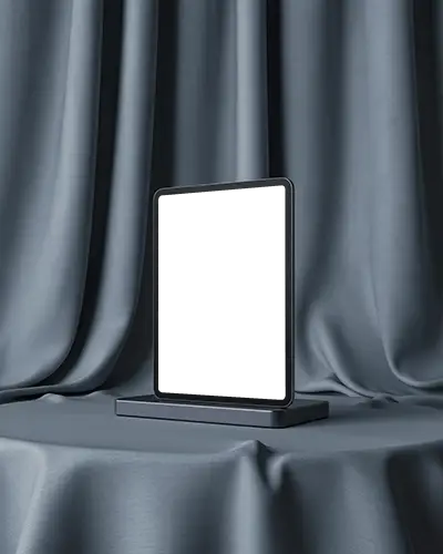 Ipad Air Mockup On Dark Podium With Elegant Draped Curtain Background And Soft Studio Light