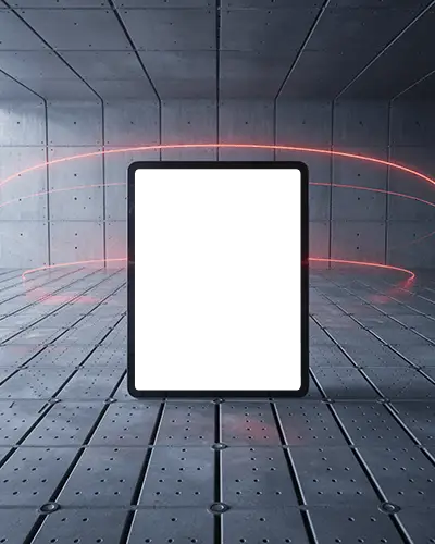 Ipad Pro Mockup In Metal Chamber With Glowing Red Light Rings And Industrial Floor Panels