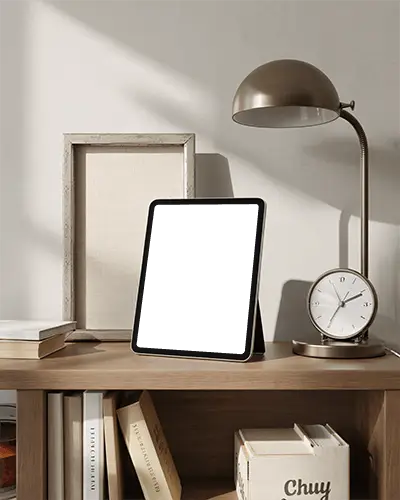 Ipad Mini Mockup On Wood Bookshelf With Clock Lamp And Books In Warm Sunlit Interior Space