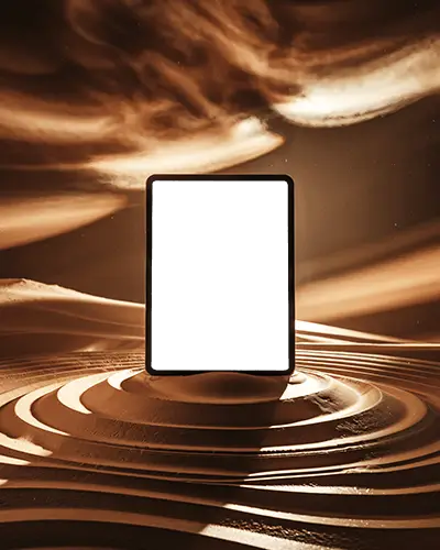 Surreal Ipad Air Mockup In Sandy Swirling Desert Environment With Soft Sunset Haze Effects