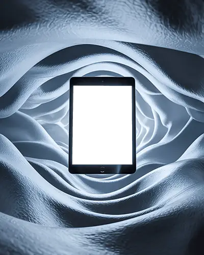 Futuristic Ipad Mini Mockup Centered In Abstract Textured Vortex With Blue Tonal Light