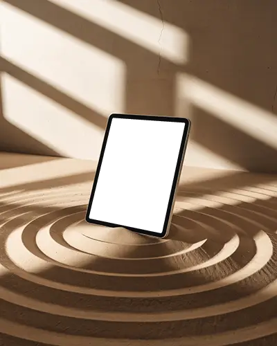 Contemplative Ipad Mini Mockup In Wave Sand Setting And Beam Light Shadows For Zen Style