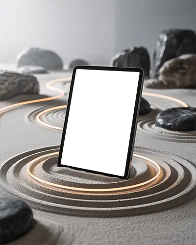Glowing Path Ipad Mini Mockup In Zen Space With Meditative Vibe And Textured Stone Features