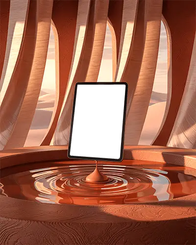 Ipad Air Mockup Floating Over Liquid Pedestal In Terracotta Chamber With Curved Sculptural Light