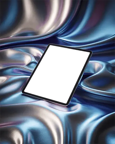 Ipad Pro Mockup Angled On Metallic Silk Fabric With Reflective Blue And Purple Tones