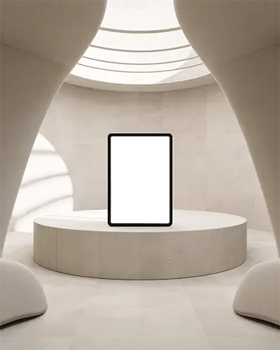 Ipad Mini Mockup Centered On Round Plinth In Architectural Sculpted Space With Skylight