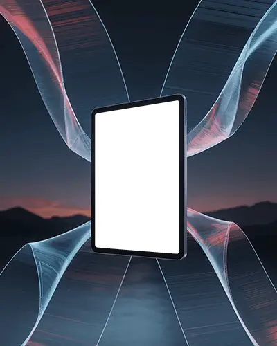 Futuristic Ipad Pro Mockup Hovering Inside Abstract Light Ribbons Over Dark Horizon Scene