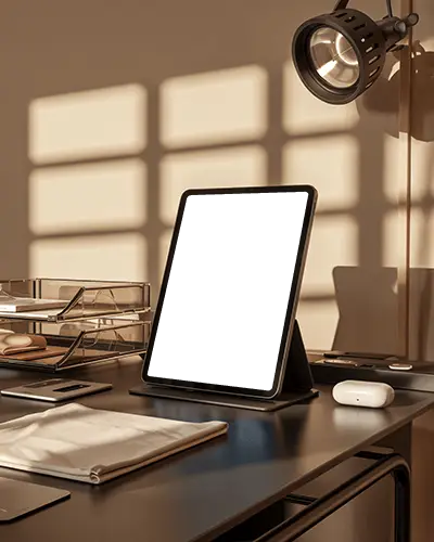Ipad Air Upright Mockup In Warm Sunlit Workspace With Metal Lamp And Organized Stationery