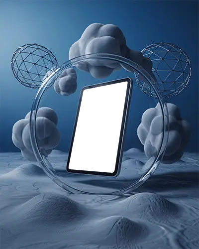 ipad-mini-mockup-floating-encased-in-clear-ring-with-cloud-forms-and-wireframe-spheres