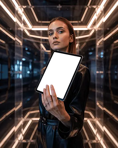 ipad-air-mockup-held-by-female-model-in-futuristic-light-tunnel-with-leather-outfit-style