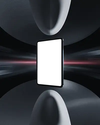 ipad-mini-mockup-floating-between-sculptural-forms-with-red-motion-trail-and-dark-depth